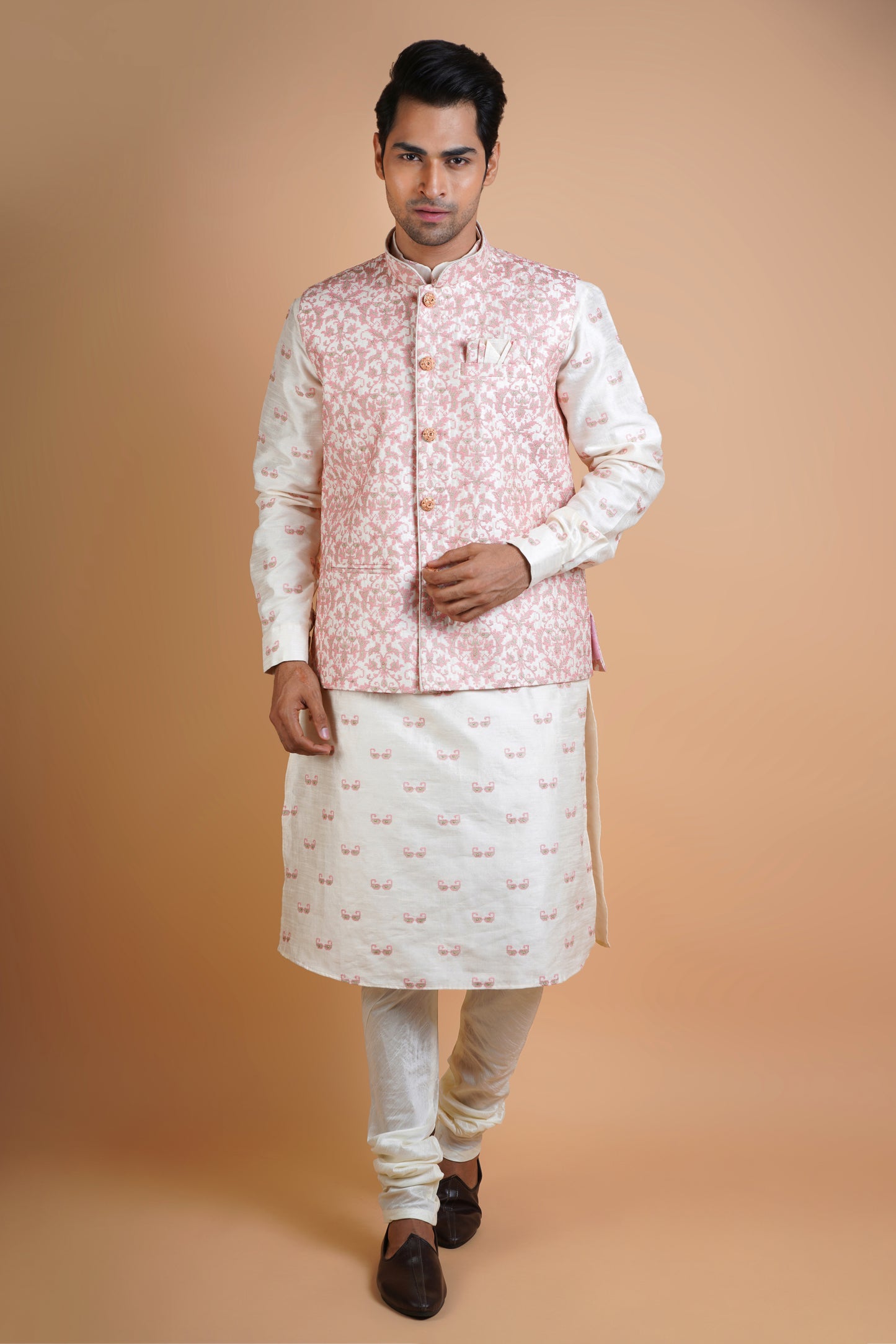 Beige Colour Kurta with Salmon Pink Designer Jacket | Jacket Kurta Set