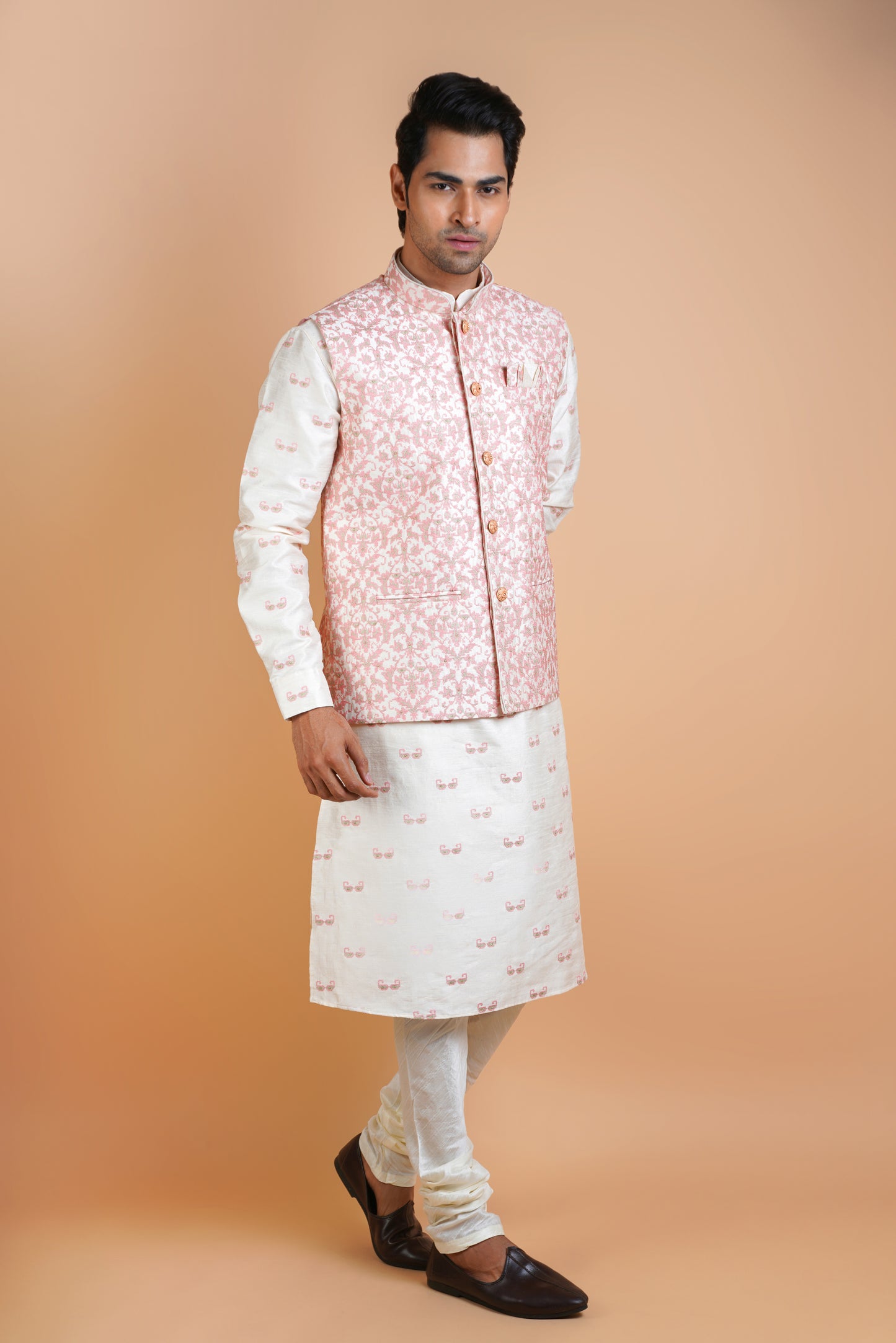 Beige Colour Kurta with Salmon Pink Designer Jacket | Jacket Kurta Set