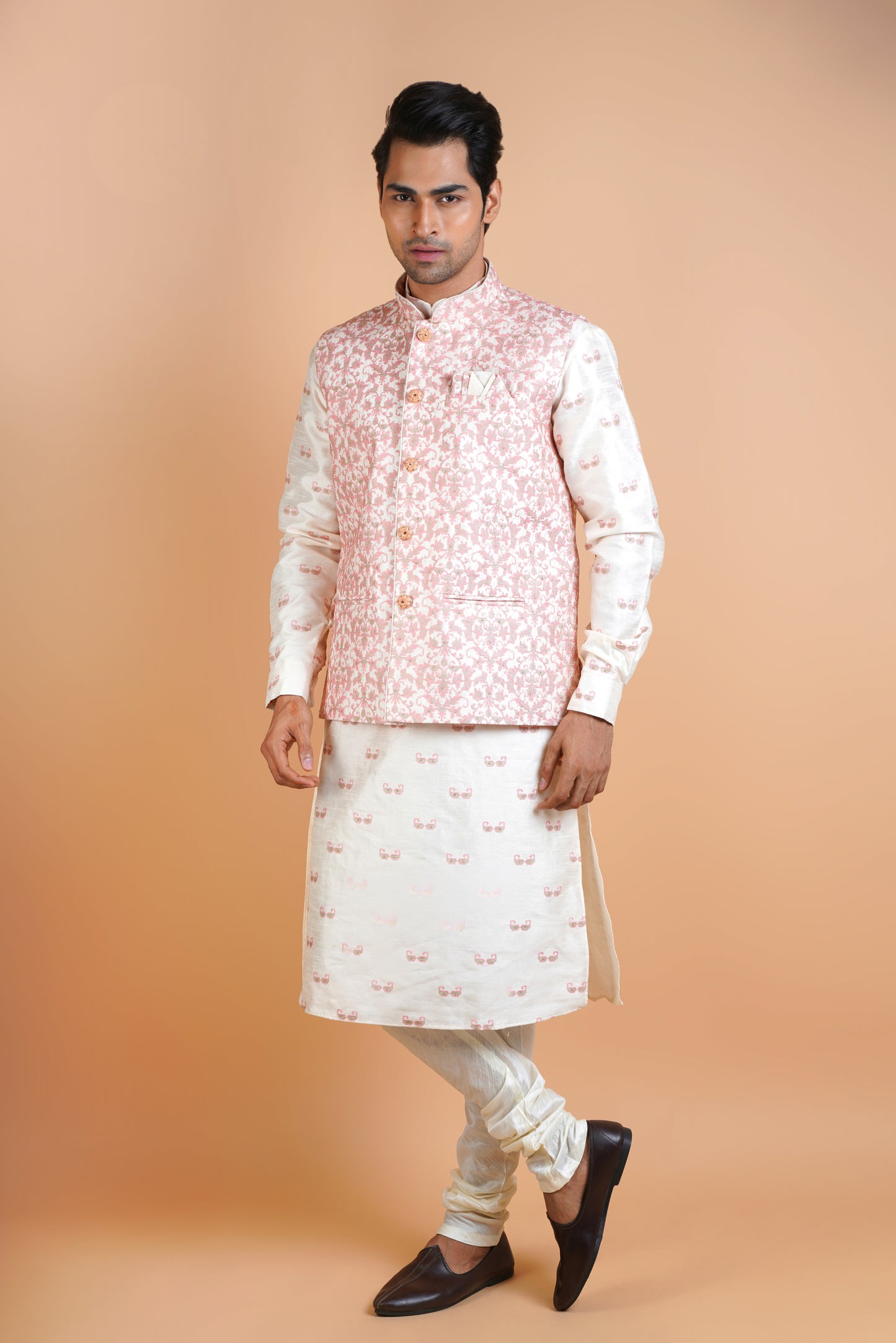 Beige Colour Kurta with Salmon Pink Designer Jacket | Jacket Kurta Set